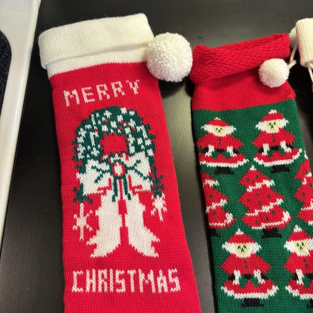 Lot Of 3 Vintage Knit Christmas Stockings Red Green Santa Tree Snowmen Santa‎